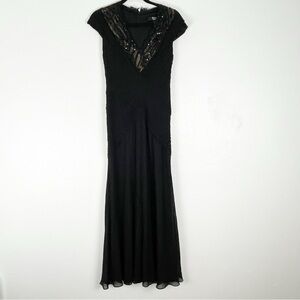 TADASHI Collection 100% Silk Black V-Neck Sequin Long Formal Evening Dress 2